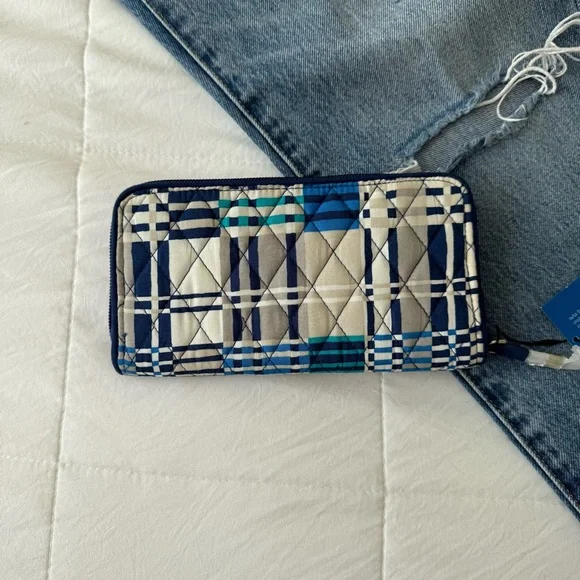 Vera Bradley Full Zip Wallet Blue Gray Teal Plaid Check Brand New‎ - Picture 2 of 9